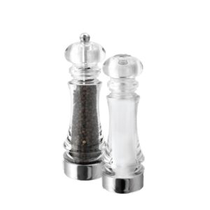21cm tall acrylic top and body, chrome plated bottom peppermill & salt shaker set