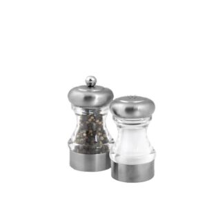 11.5cm tall stainless steel top & base acrylic body peppermill salt shaker set