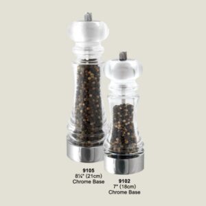 21cm/18cm tall acrylic top & body chrome base peppermill and salt shaker combo;